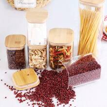 Frasco de almacenamiento de vidrio con tapa cuadrada de bambú, recipiente hermético transparente para granos de café, cereales, frutos secos