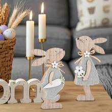 1 Pair 8x18cm Wooden Easter Bunny Decor, Hand-Painted DIY Wooden Craft Tabletop Bunny Figurines