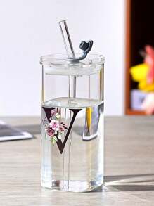 1pc A-Z Flower Letter Pattern Square Glass Cup, Simple And Heat-Resistant Flat Bottomed Cup For Office And Household Use, Milk Coffee Cup With Square Mouth, Bridesmaid Gift, Birthday Gift