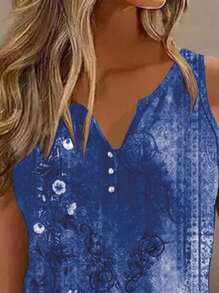 ChicMe 女士V领印花宽松舒适休闲吊带背心，夏季优雅 - 藍色 - 查看 3