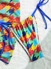 全新夏季女士性感甜美系带露背拼色热带海滩度假三件套比基尼套装