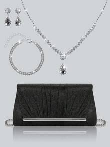 Shiny And Elegant Pleated Women's Evening Bag With Charming Rhinestone Pendant Necklace, Bracelet, Earrings, Gorgeous And Exquisite Party Clutch, Perfect Purse For Party Girls, Brides, College Students, Shoulder Crossbody Bag With Detachable Metal Chain, Perfect For Prom, Banquet, Party, Wedding, Holiday Party, Best Gift