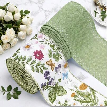 1 Roll/2 Rolls, 2.5inch Green Wildflowers Wired Edge Ribbon Retro Wild Floral Craft Ribbon Spring Fabric Ribbon For Wreath Bow Making DIY Wrapping Party Decor Supplies Gifts Birthday Graduation