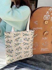Linen Daisy Embroidered Canvas Tote Bag, Large Capacity Hand Held & Shoulder Bag
