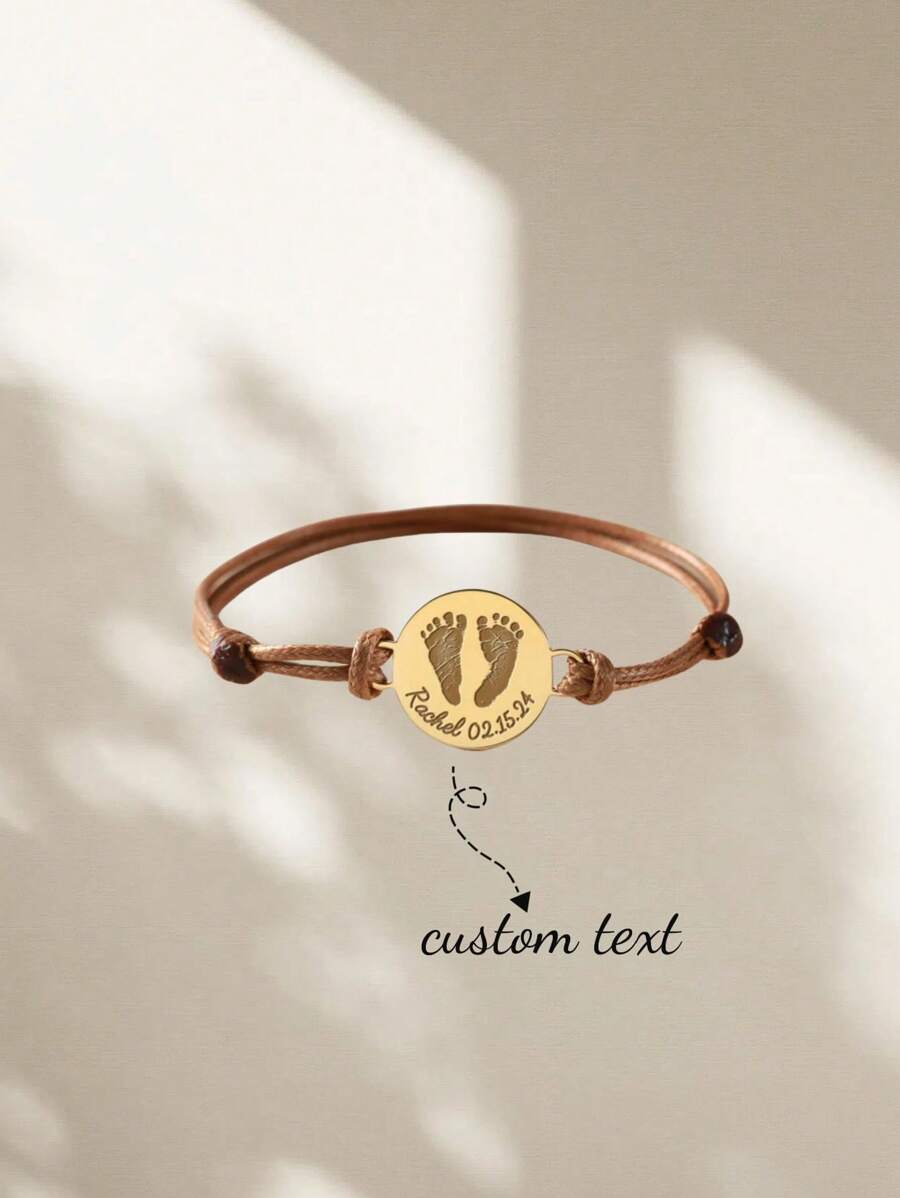 Personalized Custom Engraved Bracelet, Handmade Wax Rope Woven Stainless Steel Hand Plate Chain Name Adjustable Handprint Footprint Bracelet, Ladies Men's Anniversary / Holiday Gift