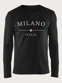 Men's Crew Neck Long Sleeve Letter Print Casual T-Shirt, For Fall