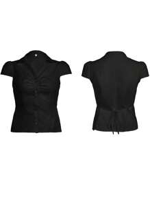 Women's Button Down Shirts Cap Sleeve Lapel Collar Tie Back Slim Fit Tops Summer Shirts - 黑色 - 查看 5