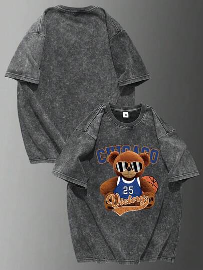 男士超大破洞短袖 T 恤，休闲运动街头户外山地海滩图案 T 恤，夏季