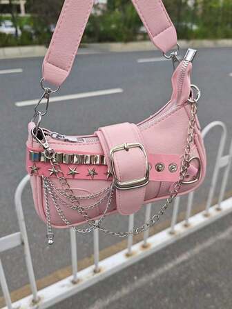 1pc Girl's PU Leather Y2K Style Bag, Versatile Crescent Moon & Star Shaped Shoulder Bag, Sweet & Cool Girl Crossbody Bag, Black & Red Contrast Chain Strap Handbag, Millenial Underarm Chain Bag