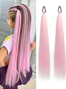 Extensiones de cabello trenzables de 26 pulgadas para niños, 1 pieza y 2 piezas, extensiones de cola de caballo trenzables DIY, cabello sintético esponjoso resistente al calor de color rosa para niñas, accesorios de disfraz para Halloween y fiestas.
