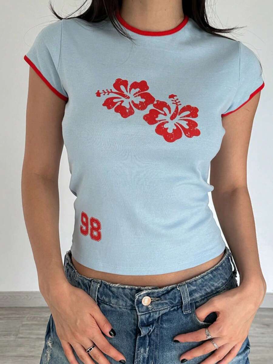 Tops cortos gráficos para mujeres Camisetas de manga corta con ajuste ceñido y cuello redondo estampadas con flores/croissant para adolescentes Tops casuales bonitos de verano Ropa estética de preppy Ropa urbana y de club