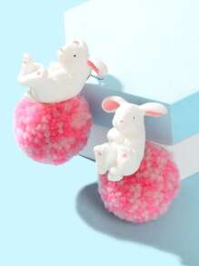 1对复活节甜美白兔粉色毛绒球耳钉，女士节日礼物首饰 - 彩色 - 查看 5