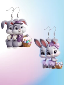 Pendientes acrílicos cautivadores de conejo y huevo de Pascua - Colgante de conejo de dibujos animados adorable con diseño suave de cesta de huevos, perfecto para usar en fiestas o como regalo, accesorios de conejo - conejo - Ver 1