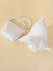 2pcs/Set White Summer Wave Beach Sun Hat & Straw Crossbody Wallet Set, Sweet Style For Daily, Holiday, And Travel