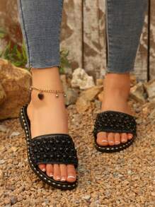 Fashionable Luxury Women Flat Sandals, Pearl & Rhinestone Decor Design, Round Toe, Multiple Colors, Comfortable Footwear, Suitable For Stylish Outfits