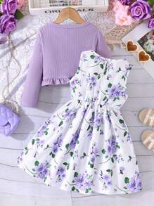 Little Kids Toddler Baby Girl Dress Set Floral Print Round Neck Bow A-Line Tank Dress Ruffled Ribbed Cardigan 2PCs Fall Winter Clothes - 紫色 - 查看 2