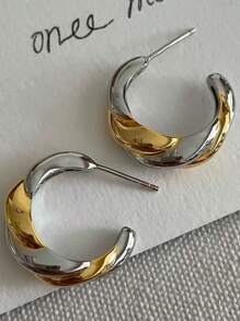 1 对时尚夸张双色扭曲 C 形耳钉，适合女性日常、派对和活动佩戴