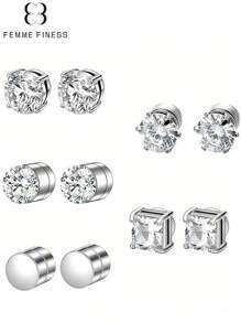 Femme Finess Juego de pendientes magnéticos de acero inoxidable para hombres y mujeres, estilo AB, de doble cara, sin perforación, con combinación de pendientes de pareja, circonita cúbica hipoalergénica de 5-8 mm