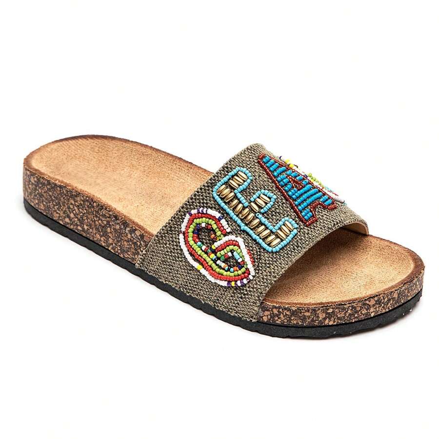 Pearl Embroidered Thick Sole Slide Sandals - Green - View 1