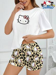Sanrio 2 pezzi Set pigiama da donna Hello Kitty di Sanrio, pigiama a maniche corte con stampa carina a fiocco e leopardata