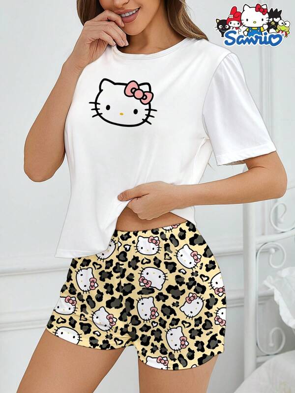 Sanrio 2 pezzi Set pigiama da donna Hello Kitty di Sanrio, pigiama a maniche corte con stampa carina a fiocco e leopardata