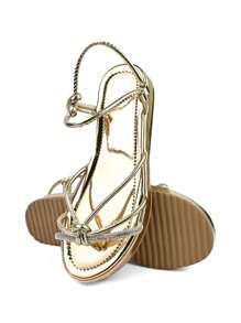 Women's Casual Papete Sandal Rhinestone Straps Shiny Buckle Female Fashion - 金色 - 查看 4