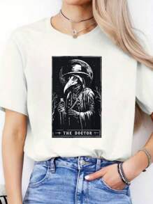 Plague Doctor Tarot Card Horror Death Occult Satanic Coffee Mug ,Casual Print,Comfortable And Versatile,Letter Pattern Pure Cotton 220g Printed T-Shirt