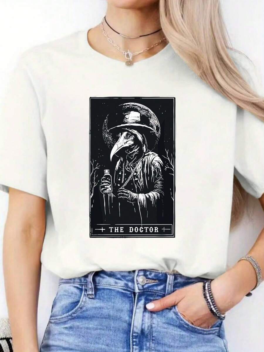 Plague Doctor Tarot Card Horror Death Occult Satanic Coffee Mug ,Casual Print,Comfortable And Versatile,Letter Pattern Pure Cotton 220g Printed T-Shirt