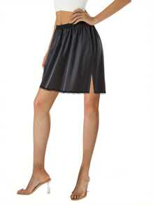 Women's Half Slips Elastic Waist Solid Color Satin Underskirt Lace Trim Skirt For Under Dresses - Black - View 4