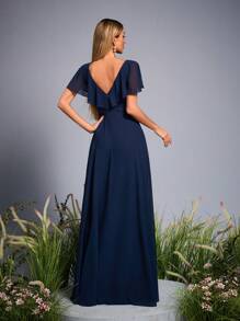 Mgiacy New Arrival V Neck Elegant Bridesmaid Dress Ruffle Crimping High Slit Chiffon Long Dress - Navy Blue - View 2
