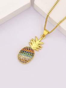 1pc Valentine's Day Colorful Zirconia 18k Gold Plated Copper Pineapple Pendant Necklace, Luxury Jewelry Gift For Women,Mom,Mother,Mother's Day,Gift - Gold - View 13