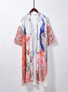 Oversized Retro Style Mid-Length Kimono Cover Up, Beach Cover Up Swimsuit Wrap For Plus Size, Summer