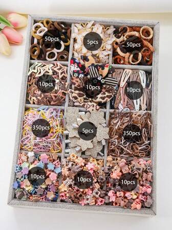 870件套女孩咖啡色蝴蝶结星星简约可爱公主头饰橡皮筋发圈发夹BB夹抓发夹发饰组合套装日常使用礼物、学习用品、优雅、大学、礼物、蝴蝶结、发带