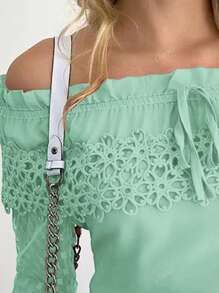 ChicMe Off Shoulder Lace Trim Long Sleeve Shirt For Women Cute Sweet Ruffle Hem Blouse Casual Slim Fit