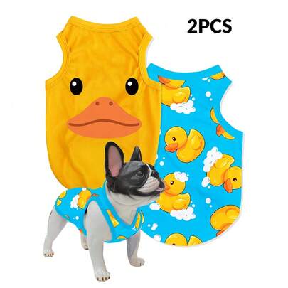 LUCKIE LABO Bộ 2 món áo thun polyester chống bọ chét và rụng lông in hình vịt bong bóng thoáng khí cho mèo và chó trong nhà và ngoài trời