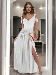 Long Dress Women Lady Fashion Casual Elegant Cristy Leg Opening - 白色 - 查看 3