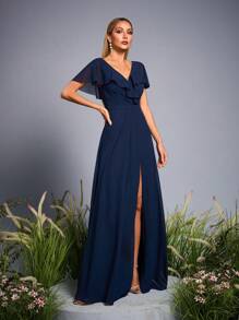Mgiacy New Arrival V Neck Elegant Bridesmaid Dress Ruffle Crimping High Slit Chiffon Long Dress - Navy Blue - View 1