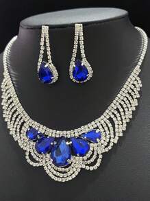 3pcs Bridal Jewelry Set, Necklace & Bracelet, With Rhinestones & Zirconia, For Wedding Dress, High-End Accessory