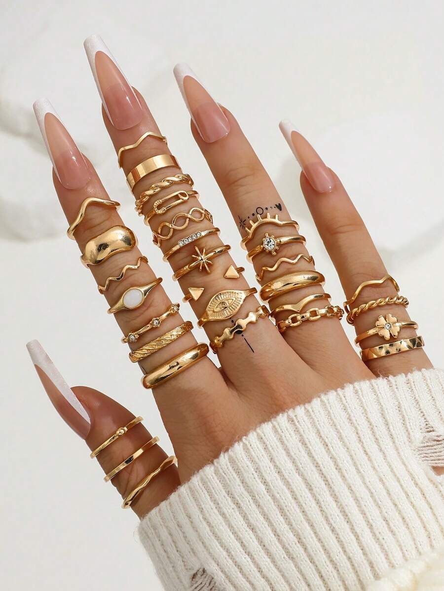 30pcs Fashionable Rings Set, Including Starfish, Four-Leaf Clover, Simplified Rhinestone, Evil Eye And Boho Geometric Designs - Gold - View 1