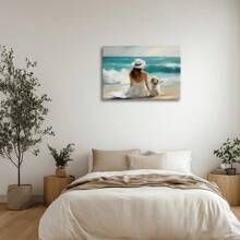 1pc Beach Vintage Decoration Prints Poster A Woman And Her Dog On The Beach Wall Art Decoration For Living Room Bedroom Bathroom Kitchen Apartment Hotel, Artful Home Decoration - Framed, Horizontal