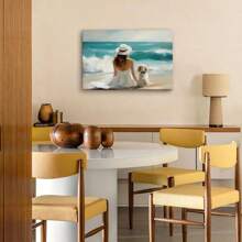 1pc Beach Vintage Decoration Prints Poster A Woman And Her Dog On The Beach Wall Art Decoration For Living Room Bedroom Bathroom Kitchen Apartment Hotel, Artful Home Decoration - Framed, Horizontal