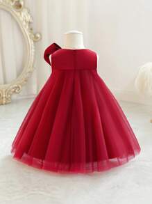 Baby Girls' Burgundy Bow Christmas Party Dress, Elegant Princess Tulle Gown, Suitable For 1st Birthday, Wedding, Banquet, Holiday Celebration - Burgundy - View 3