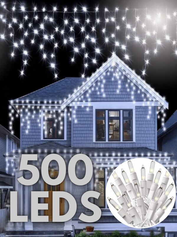 Serie Navideña de Cascada con 500 LEDs de 9.6 Metros Color Blanco Frío Árbol de Navidad  Decoración Navideña en Exteriores 8 Modos de Iluminación Alta Eficiencia Energética Más de 5,000 Horas de Uso