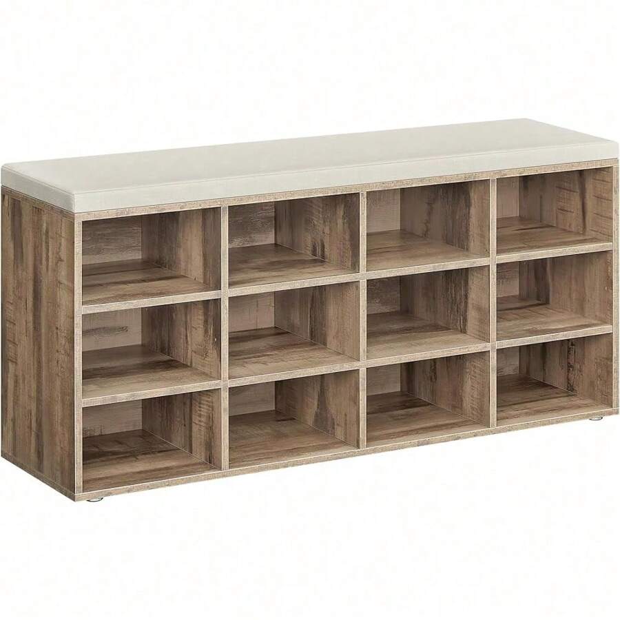 VASAGLE Shoe Bench, Shoe Rack With Seat, Bench With Storage Space, Cushion, 12 Compartments, Adjustable Shelves, For Living Room, Hallway, 30.3 X 104 X 48 Cm, Cloud White-Gray LHS012W14