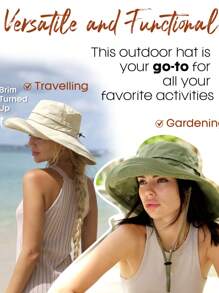 1 pièce Chapeau de soleil pour femmes, chapeau de jardin à large bord avec trou pour queue de cheval, protection solaire pour la plage, matériau respirant, chapeau d'été avec bord relevable