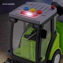 Juguete de camión de basura de estilo de dibujos animados en tonos rojos y verdes, principalmente en tonos verdes y naranjas, diseño de camión de basura lindo con botones de colores en el techo, cepillo de limpieza en la parte delantera, efectos de sonido y luz, Body del camión que se abre, adecuado para juego diario y escenarios de educación temprana, propulsión por inercia, presionar para ir.