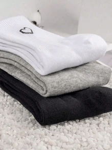 10 双心形图案厚实舒适运动休闲长袜，男女皆宜，黑色、灰色和白色