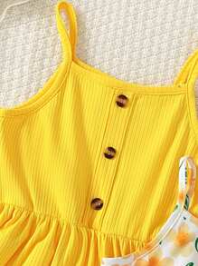 2pcs/Set Girls Digital Floral Print Cute Casual Sleeveless Open Shoulder Summer Dress, Vacation Style