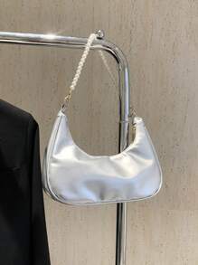 1pc Fashionable Pearl Chain Crescent Shoulder Bag, Stylish Shoulder Baguette Bag, Handheld Small Bag, Outdoor Casual Bag, Versatile Work Bag, Elegant Pearl Bag - Silver - View 10