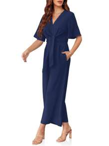 Larisa Womens Wide Leg Jumpsuit Short Sleeve Tie Knot Front Summer Long Romper Stylish Outfit - Navy Blue - View 5